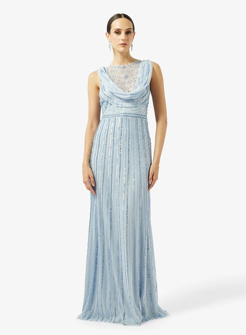 Namshi x Plunge Neck Bead Embellished Evening Gown